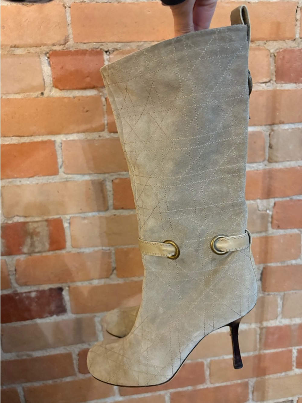 RARE Christian Dior Beige Quilted Suede Mid-Calf Heeled Boots Size 8.5